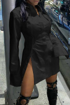 ブラック セクシー ソリッド パッチワーク バックル スリット ターンダウン カラー シャツ ドレス ドレス