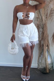 White Casual Solid Patchwork Feathers High Waist Straight Solid Color Bottoms