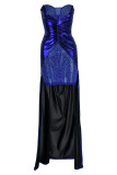 レッド ファッション セクシー パッチワーク ホット ドリル バックレス フォールド ストラップレス ノースリーブ ドレス