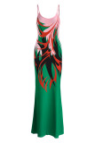 Имбирное модное сексуальное длинное платье с вырезом на спине и бретельками с принтом