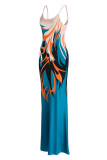 Озеро синее модное сексуальное длинное платье с открытой спиной и бретельками с принтом