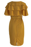 Vestidos de saia de um passo amarelo casual elegante patchwork sólido com babados