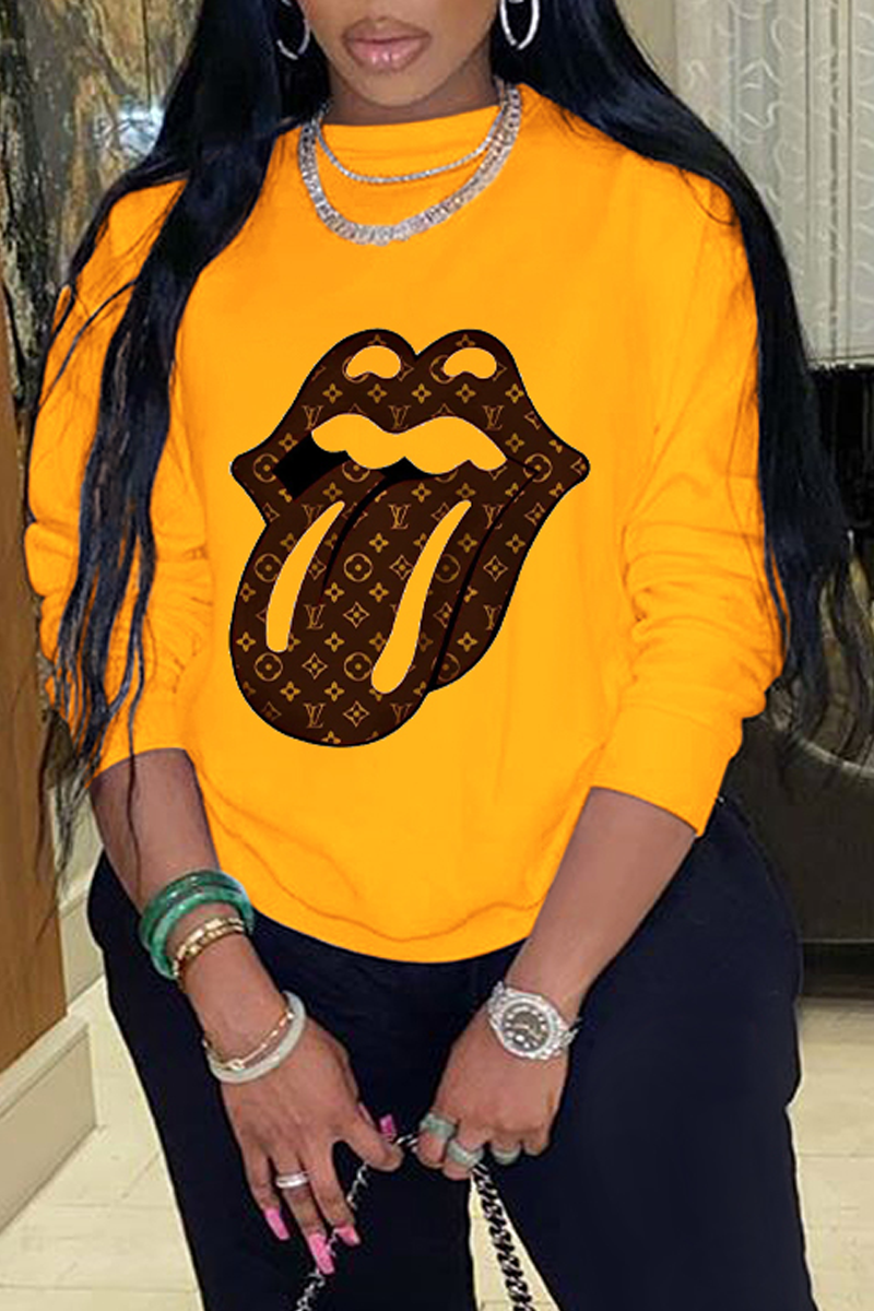 

Yellow Casual Street Lips Printed Patchwork Letter O Neck Tops