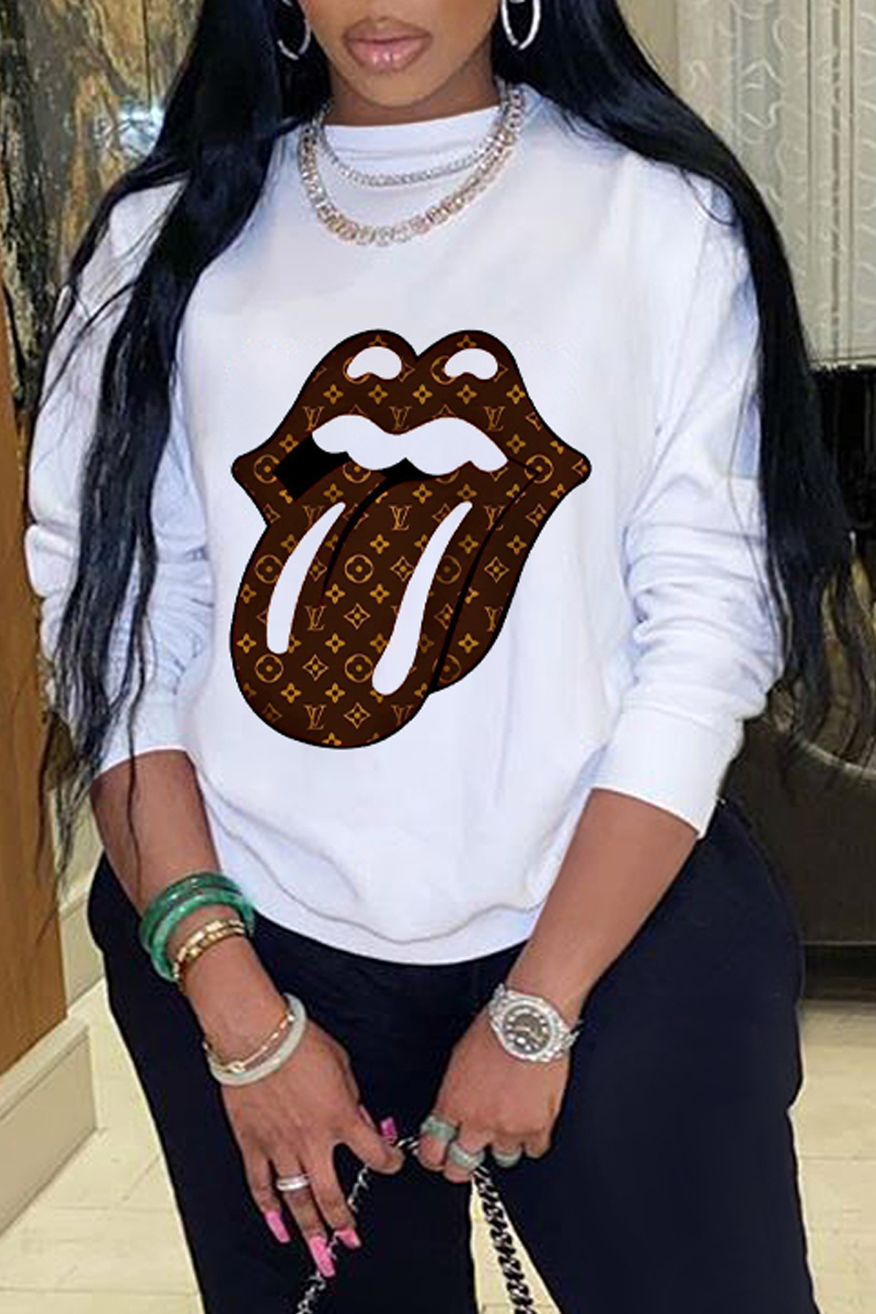 

White Casual Street Lips Printed Patchwork Letter O Neck Tops