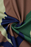 Armée Vert Mode Casual Imprimé Bandage Patchwork Fente De L'épaule À Manches Longues Plus La Taille Robes