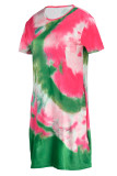 Lila Mode Casual Print Tie-Dye O-Ausschnitt Kurzarm Kleid Plus Size Kleider