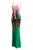Robe longue à bretelles spaghetti dos nu imprimé mode vert herbe