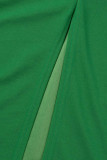 Vestidos de manga comprida verde moda casual patchwork sólido com fenda e decote