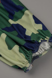 Armeegrün Mode Lässig Druck Bandage Patchwork Schlitz Schulterfrei Langarm Kleider in Übergröße