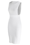 White Fashion Sexy Solid Patchwork O Neck Sleeveless Dress Dresses
