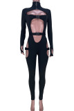 Black Sexy Solid Hollowed Out Patchwork Zipper Collar Skinny Jumpsuits
