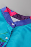 Robe longue décontractée à la mode sans positionnement imprimé patchwork col rond bleu