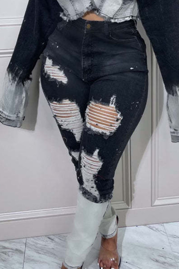 Schwarze, lässige, zerrissene Patchwork-Denim-Jeans mit hoher Taille und Street-Print