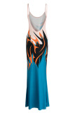Vestido longo azul lago fashion com estampa sexy sem costas alça de espaguete