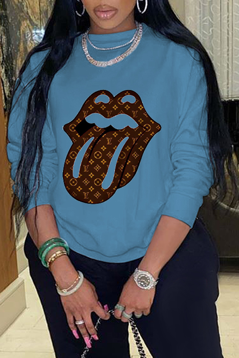 

Blue Casual Street Lips Printed Patchwork Letter O Neck Tops