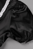 ブラック ハロウィン ファッション パッチワーク 小帯 スクエア カラー ショート スリーブ ドレス