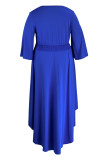 Vestido largo de manga de linterna con cuello en V básico sólido de talla grande casual de moda azul