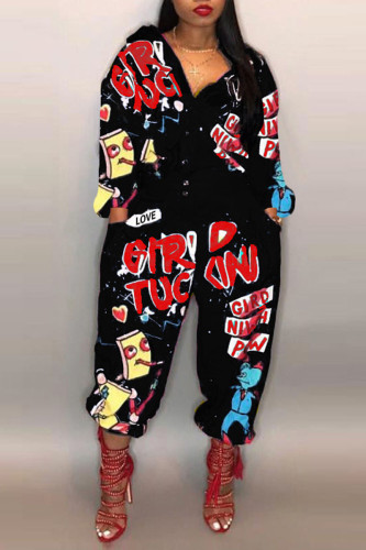 Black Casual Street Print Patchwork Turndown Collar Harlan Jumpsuits