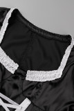 Schwarzes Halloween-Mode-Patchwork-Frenulum-Quadrat-Kragen-Kurzarm-Kleid