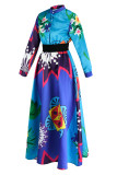 Синее модное повседневное длинное платье без позиционирования с принтом в стиле пэчворк и круглым вырезом