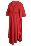 Red Fashion Casual Plus Size Solid Basic V-Ausschnitt Laternenärmel langes Kleid