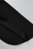 Robes à manches longues à col rond et à fente en patchwork uni à la mode noire