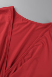 Красное модное повседневное длинное платье большого размера с V-образным вырезом и рукавом-фонариком