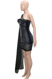 Black Celebrities Elegant Solid Patchwork Hot Drill Oblique Collar Irregular Dress Dresses