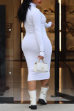 Vestidos de saia de um passo branco casual bordado sólido bordado com zíper