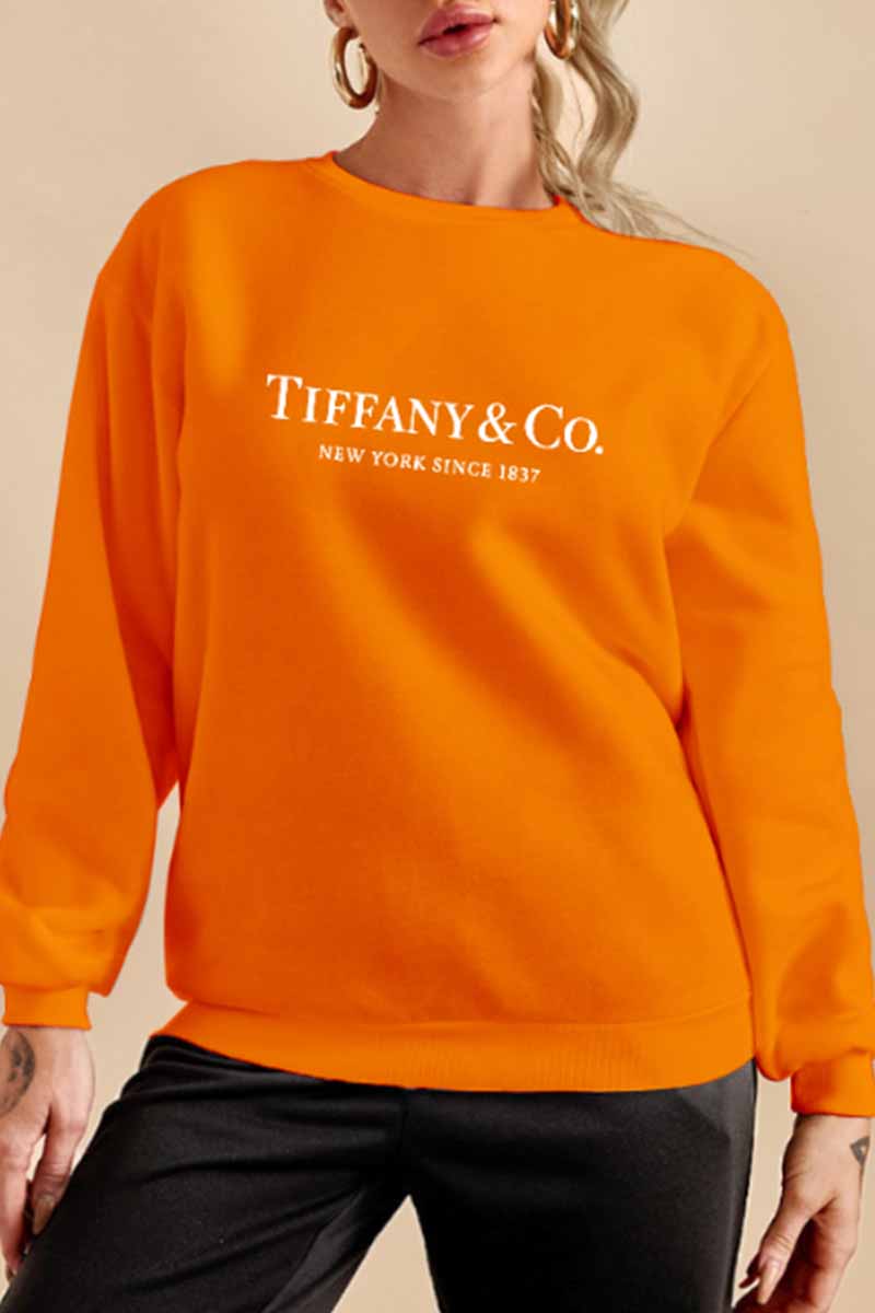 

Orange Casual Print Letter O Neck Tops