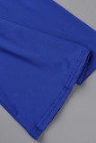 Синее модное повседневное однотонное базовое длинное платье больших размеров с V-образным вырезом и рукавом-фонариком