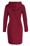 Red Fashion Casual Solid Patchwork Hooded Collar Long Sleeve Dresses