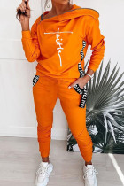 Orange Casual Sportswear Print Patchwork Dragkedja Hooded Collar Långärmad Två delar