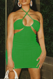 緑のセクシーな固体くり抜かれたホルターペンシルスカートドレス