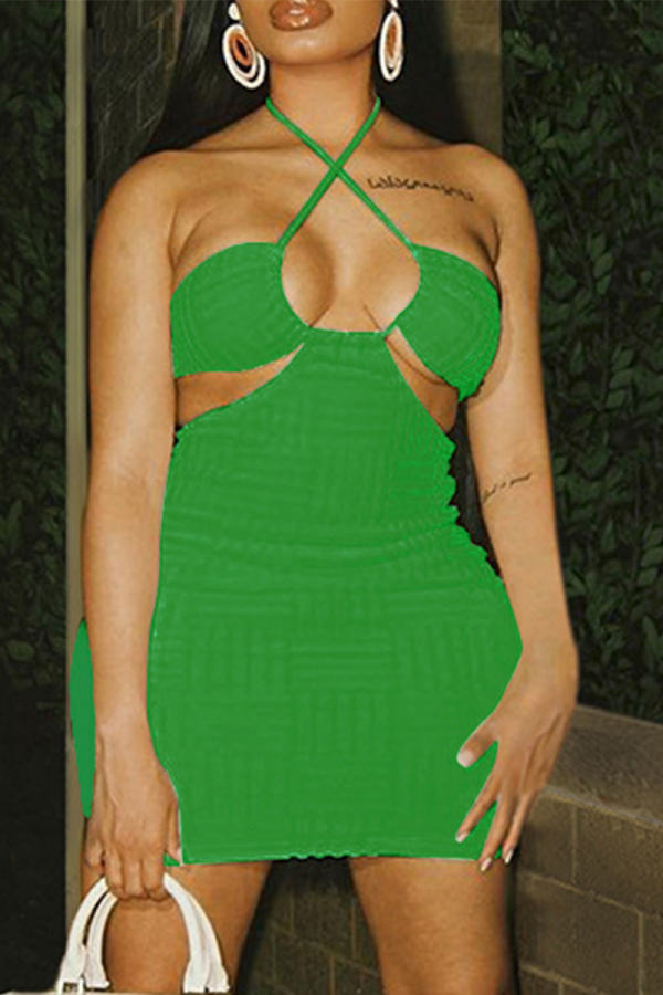 Verde Sexy Sólido Ahuecado Halter Lápiz Falda Vestidos