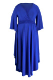 Синее модное повседневное однотонное базовое длинное платье больших размеров с V-образным вырезом и рукавом-фонариком