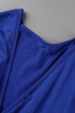 Vestido largo de manga de linterna con cuello en V básico sólido de talla grande casual de moda azul