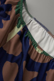 Синяя мода повседневная повязка с принтом в стиле пэчворк с разрезом на плече с длинным рукавом плюс размер платья