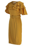 Yellow Casual Elegant Solid Patchwork Flounce O Neck One Step Skirt Dresses