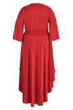 Red Fashion Casual Plus Size Solid Basic V-Ausschnitt Laternenärmel langes Kleid