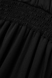 Schwarzes, modisches, lässiges, solides, grundlegendes, langes Kleid mit V-Ausschnitt und Laternenärmeln