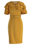 Yellow Casual Elegant Solid Patchwork Flounce O Neck One Step Skirt Dresses
