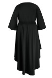 Черное модное повседневное длинное платье большого размера с V-образным вырезом и рукавом-фонариком