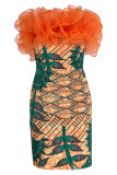 オレンジ レッド セクシー フォーマル プリント パッチワーク バックレス ストラップレス ノースリーブ ドレス ドレス