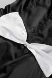 ブラック ハロウィン ファッション パッチワーク 小帯 スクエア カラー ショート スリーブ ドレス