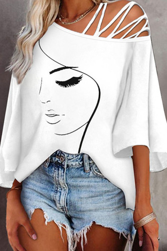 White Casual Print Hollowed Out Patchwork Oblique Collar T-Shirts