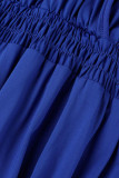 ブルーファッションカジュアルプラスサイズソリッドベーシックVネックランタンスリーブロングドレス