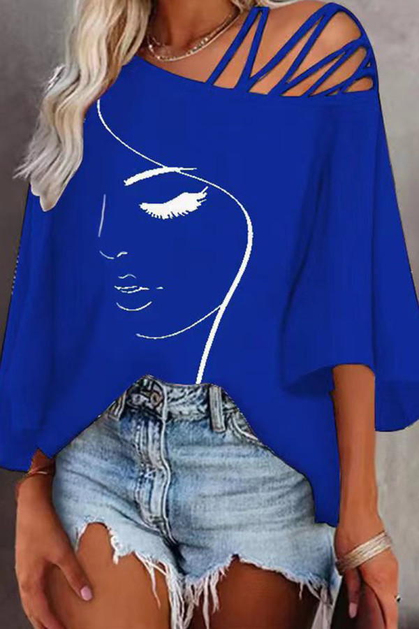 Koningsblauwe casual print uitgeholde patchwork T-shirts met schuine kraag