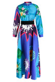 Синее модное повседневное длинное платье без позиционирования с принтом в стиле пэчворк и круглым вырезом