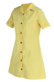 ライト イエロー ファッション カジュアル 無地 パッチワーク ポロ カラー シャツ ドレス ショート スリーブ ドレス